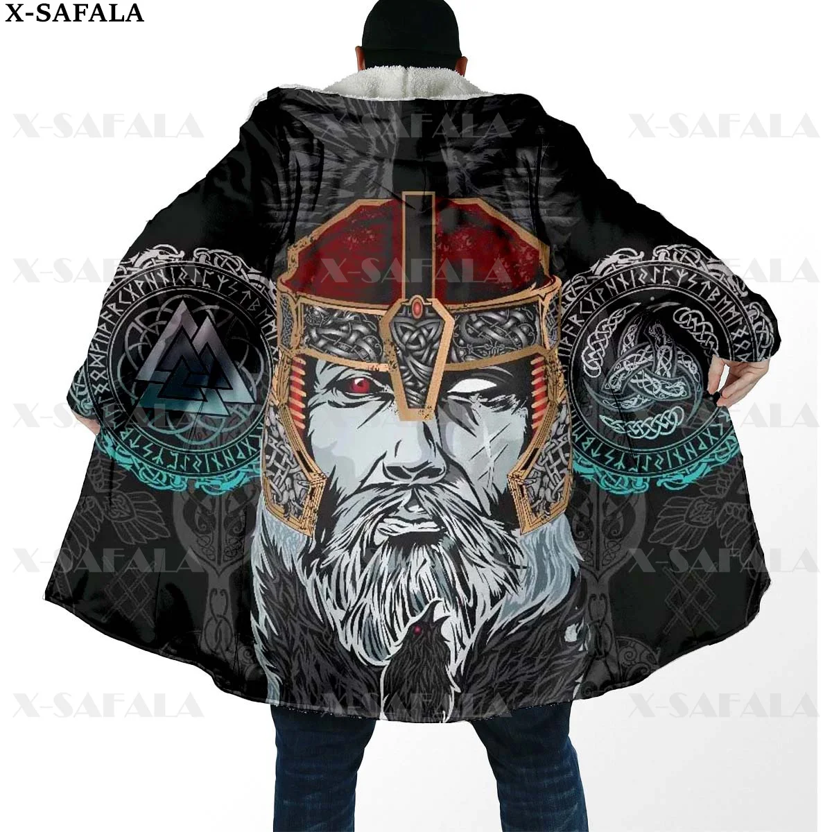 

Tattoo Symbol Viking Wolf/Odin/Raven Thick Warm Hooded Cloak Men Overcoat Coat Windproof Fleece Cape Robe Hooded Blanket-5