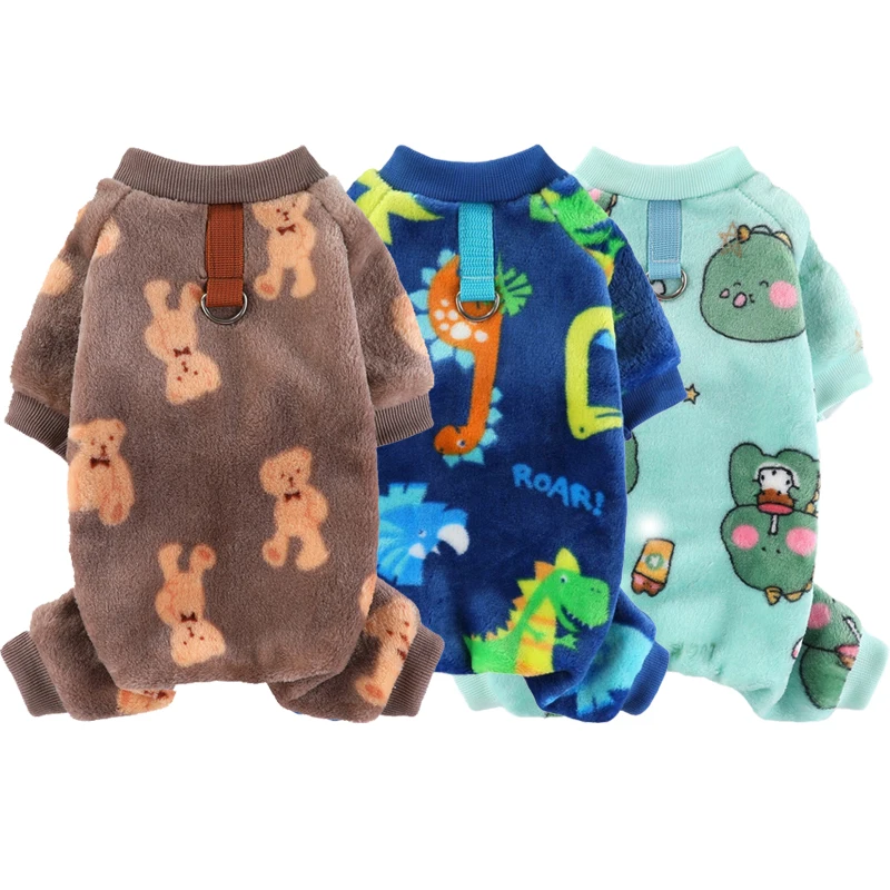 Pet Clothes Dog Pajamas Flannel Cartoon Animals Print Winter For Small Medium Large Dogs