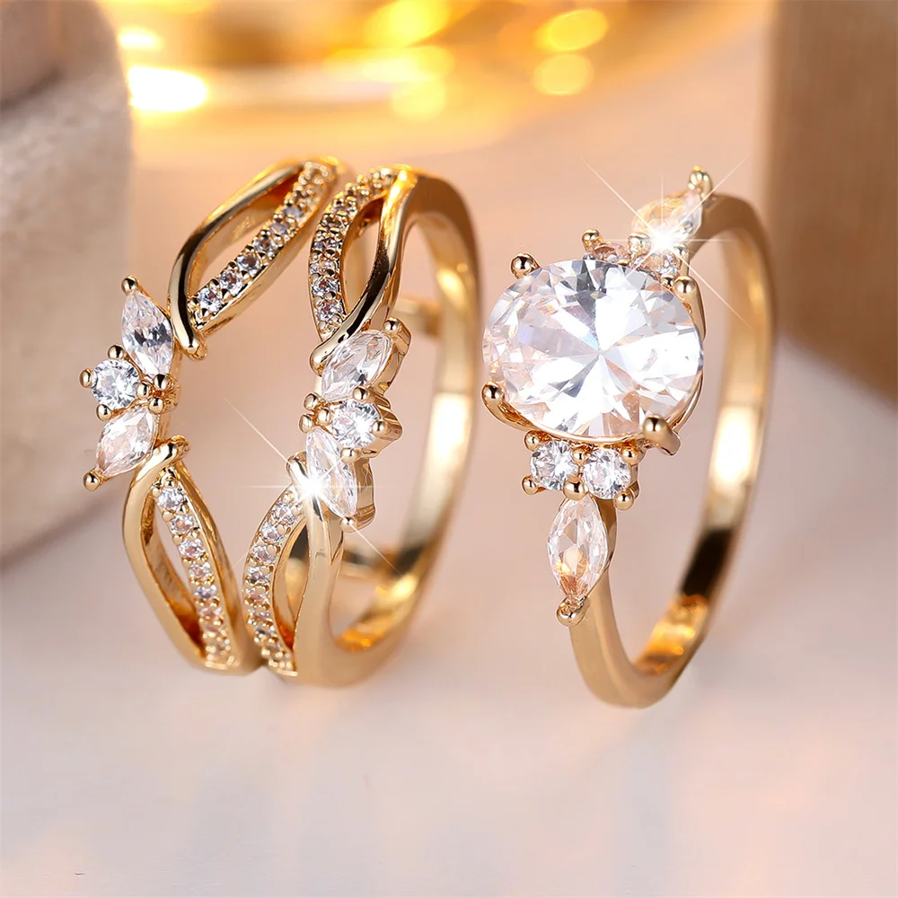 White Zircon Oval Stone Cute Flower Ring Sets For Women Vintage Gold Color Engagement Bands Wedding Jewelry Set Versatile Gifts