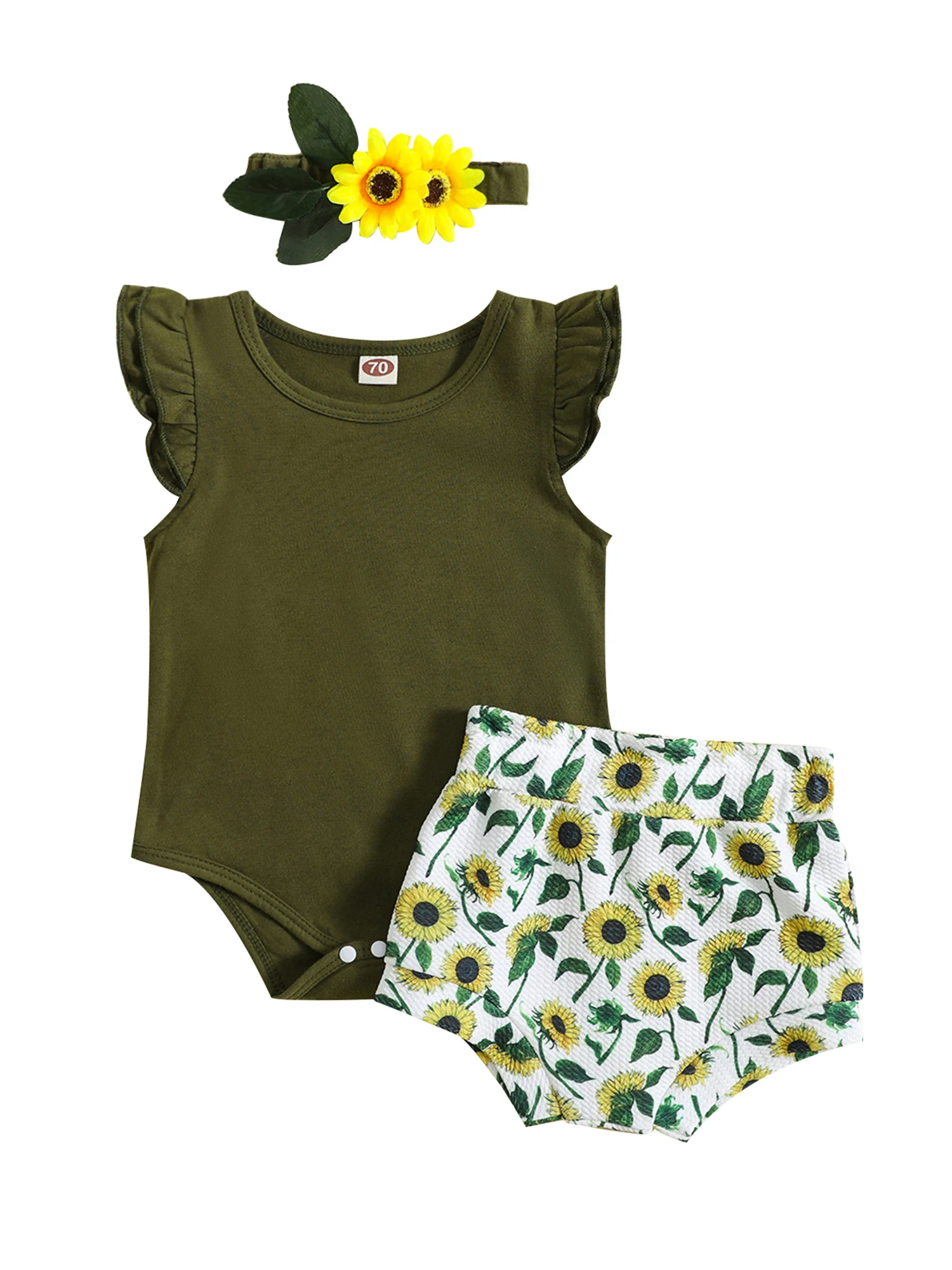 

Listenwind 0-2Y Baby Girls 3Pcs Summer Outfits Fly Sleeve Romper + Sunflower Shorts + Headband Set Infant Clothes For Casual