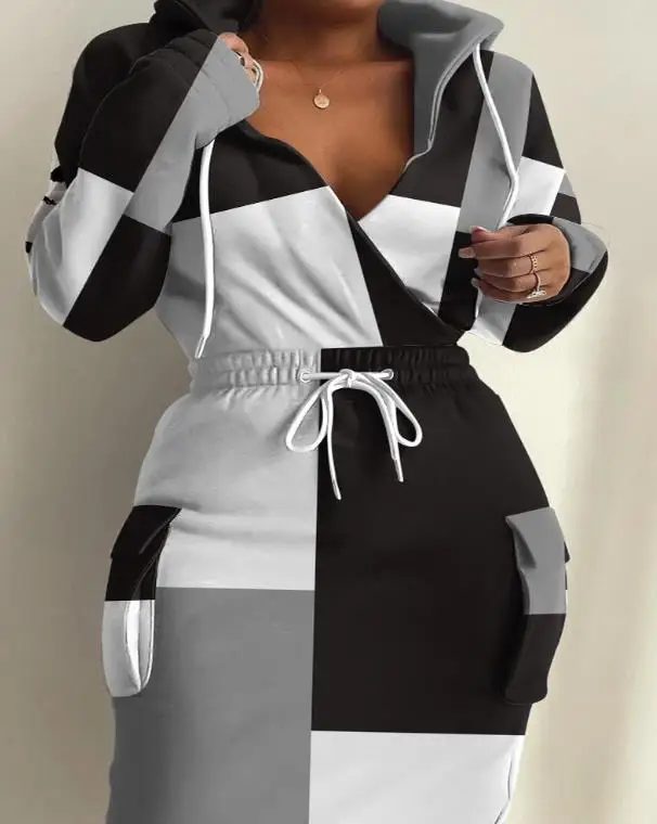 Women Dresses 2022 Autumn Fashion Geometric Print Drawstring Waist