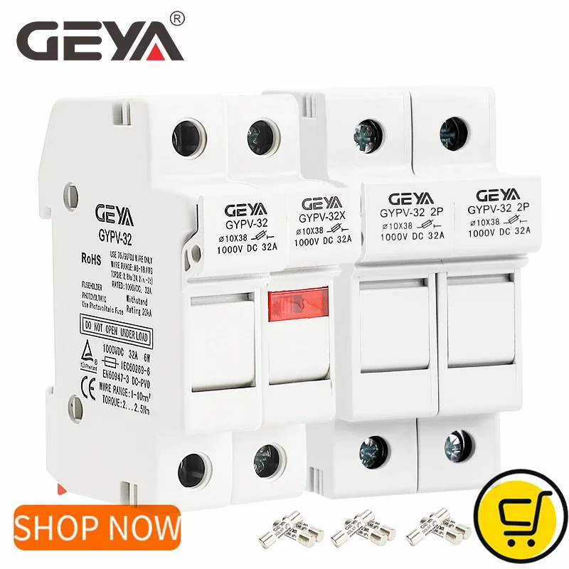 GEYA GYPV-32 1P 2P Parallel DC Fuse Holder 10*38mm 1000V Fuse Link Base 10A 15A 20A 25A 30A