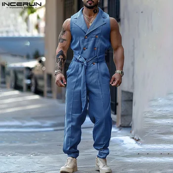 INCERUN Men Jumpsuits Solid Color Double Breasted Lapel Sleeveless Lace Up Male Rompers Streetwear Fashion Casual Overalls S-5XL