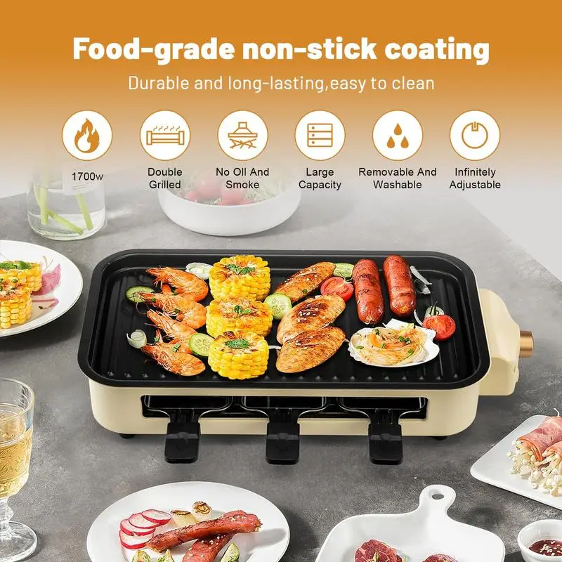 Pukomc Electric Smokeless Indoor Grill, Non-Stick Cooking Removable Plate, Portable Korean BBQ Grill with Removable Temperature 6