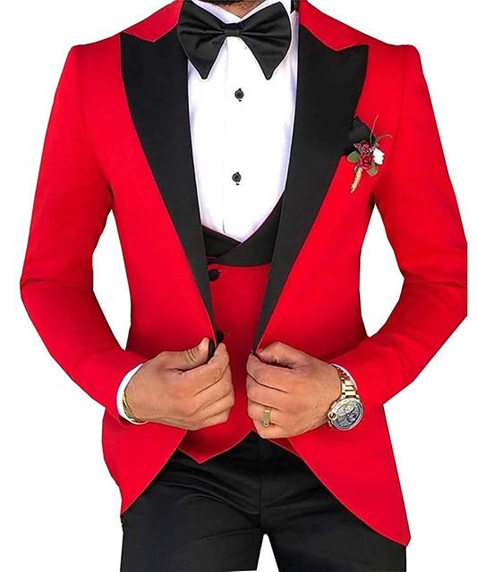 2023 Men 3 Pieces Suits For Men Custom Made Groom Groomsmen Tuxedos Wedding Men Suit Terno Masculino(Jacket+Pant+Vest) - red, M