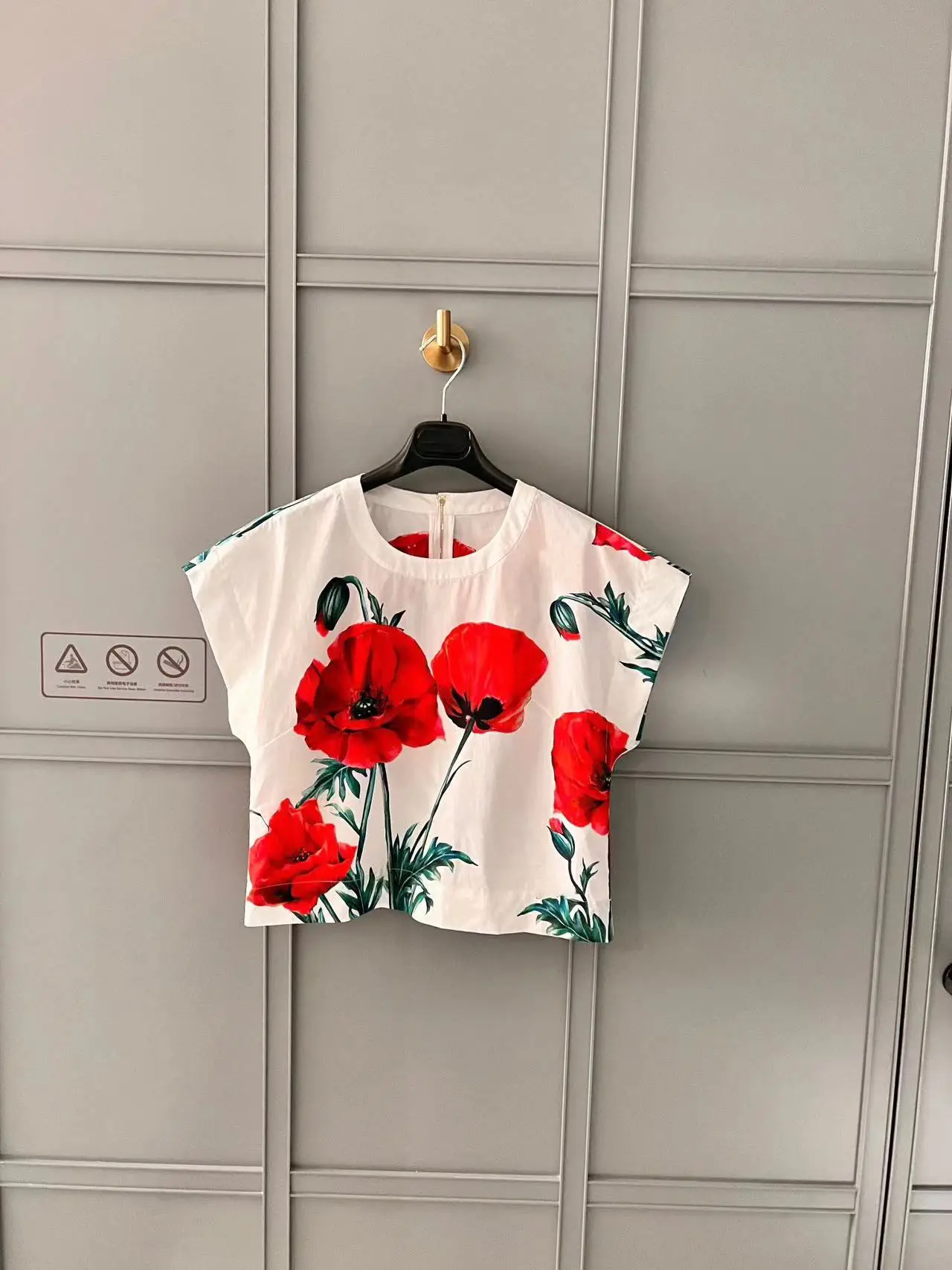 

Fashion Luxury Blouse 2023 Summer Spring New Design Women Runway Flowers Print High Quality Short Sleeves Cotton Blouse