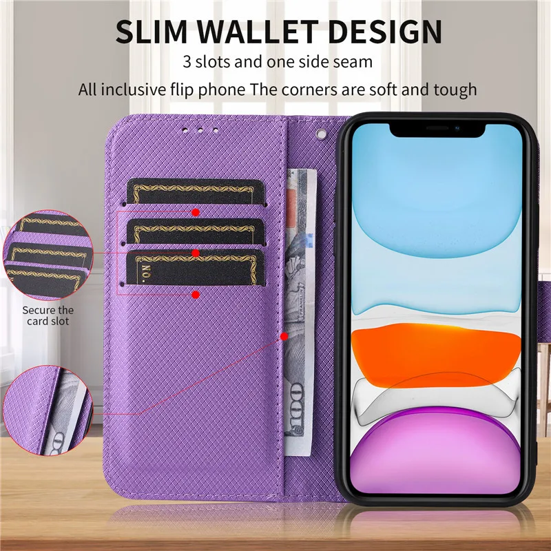 Diamond Leather Wristlet Wallet Case with 3 Card Slots and Wrist Strap - Flip Cover Design