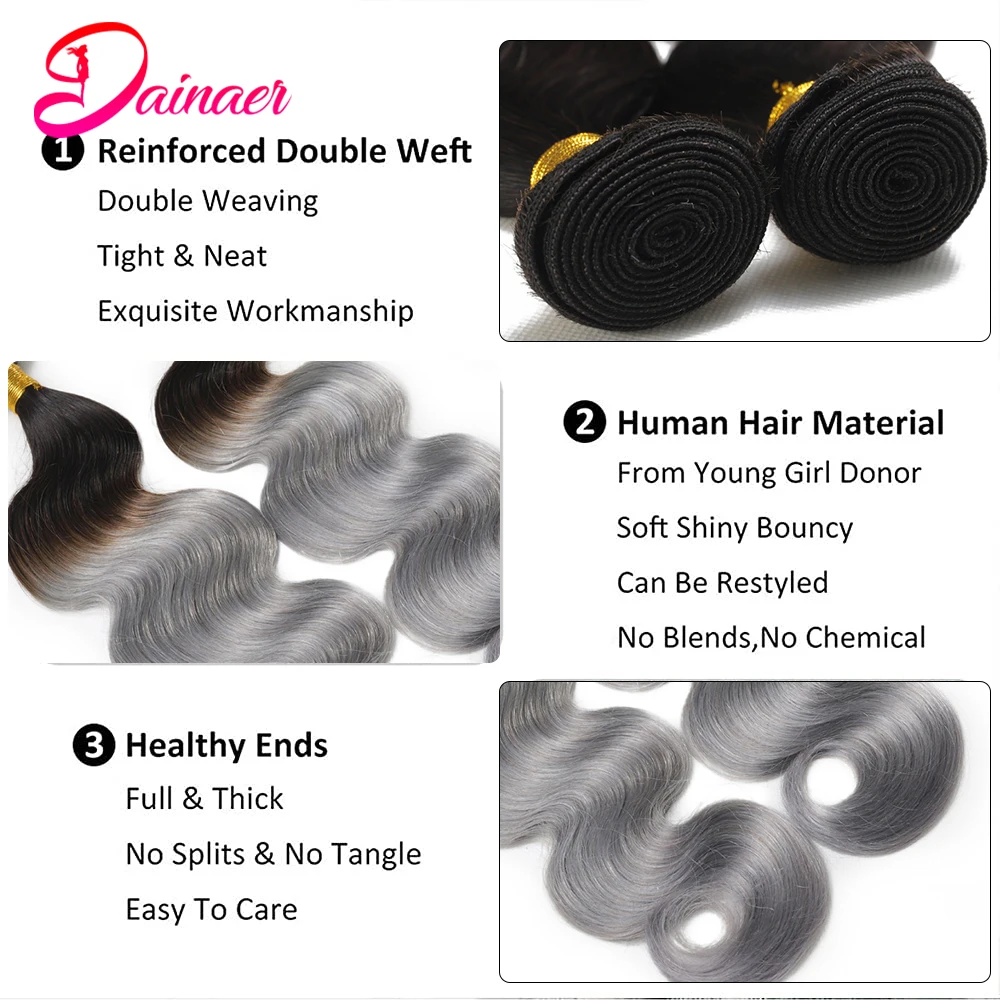 1B Silver Body Wave Bundles Human Hair 1/3 PCS Ombre Grey Two Tone Hair Extensions Remy Human Bundles New Fashions