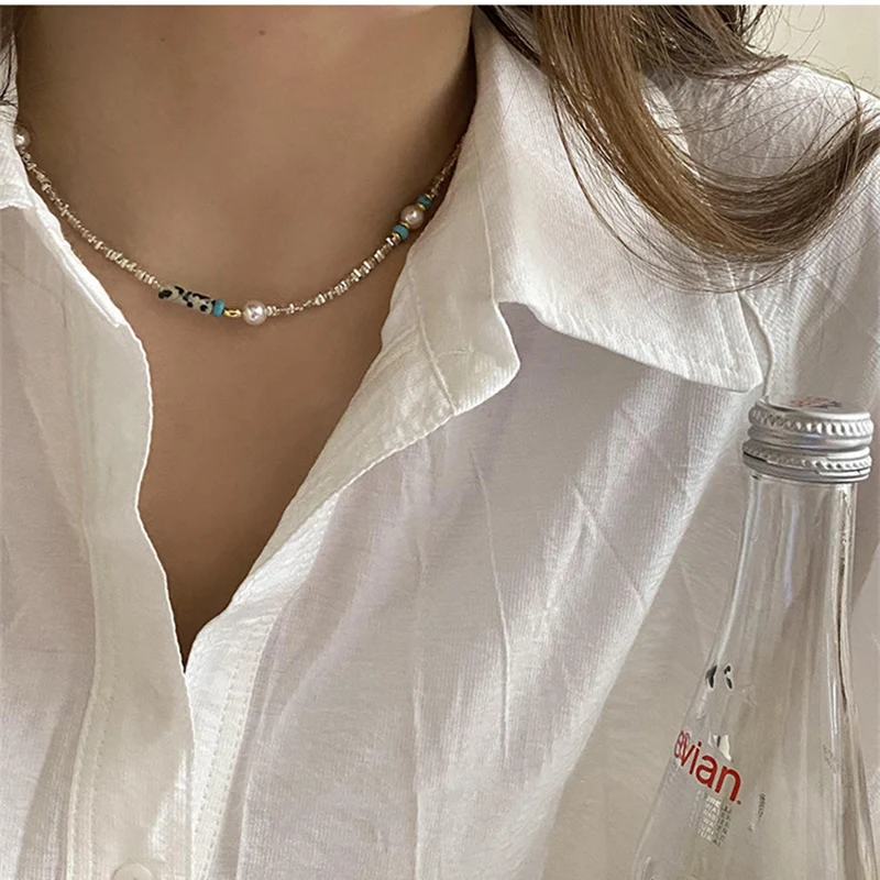 

Green Stone Vintage Beaded Chain Necklace Jewelry Luxury Silver Necklace