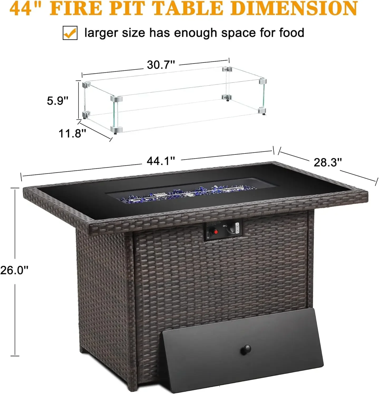44" Propane Gas Fire Pit Table with Glass Wind Guard, 55,000 BTU 1