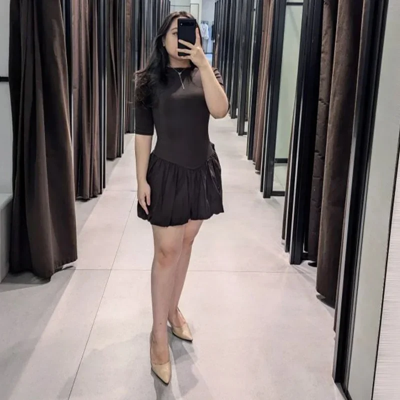 Elegant Knitted Patchwork Brown A-line Dress Women O-neck Short Sleeves Pleated Ruffles Mini Dresses 2025 Lady Solid Vestidos