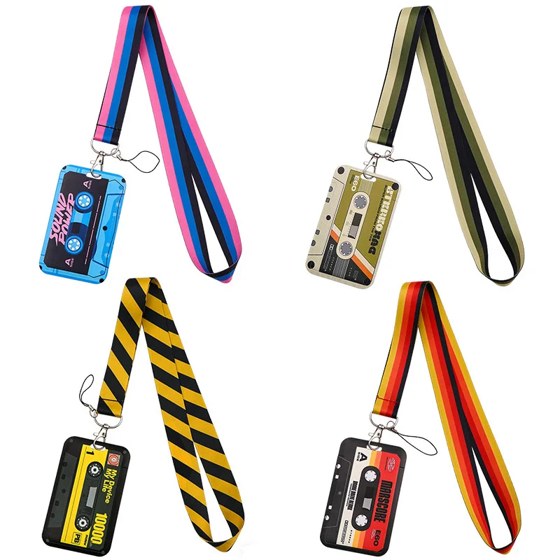 레트로 카세트 테이프 ID 배지 홀더, 끈이 달린 슬라이딩 카드 케이스, ID 카드, 키, 출입증, 사무실, 학교, 학생용