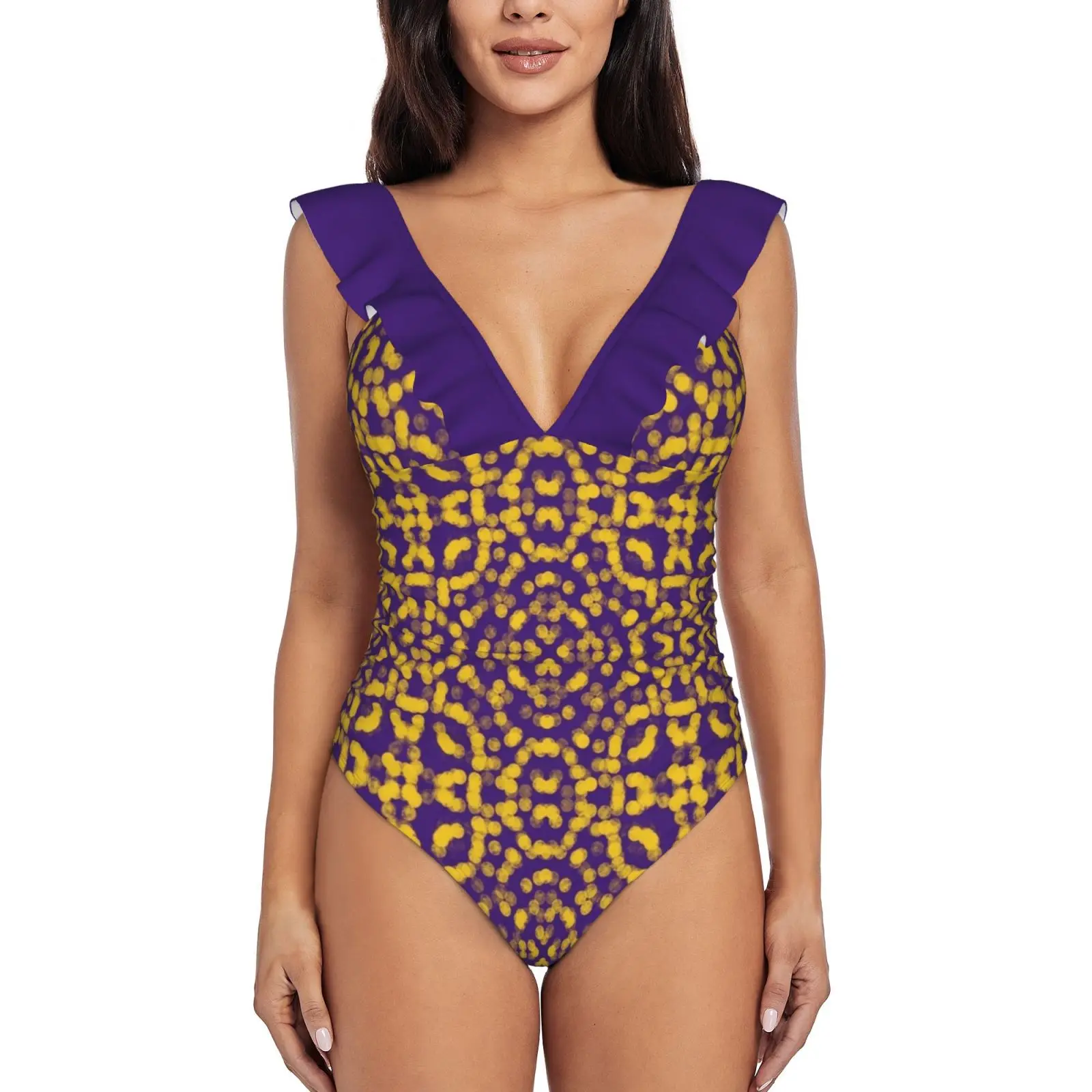 Artsy Viola E Oro Giallo Gioco Giorno Modello Costume Intero Donna Volant Costumi Da Bagno Nuova Ragazza Spiaggia Costumi Da Bagno Viola