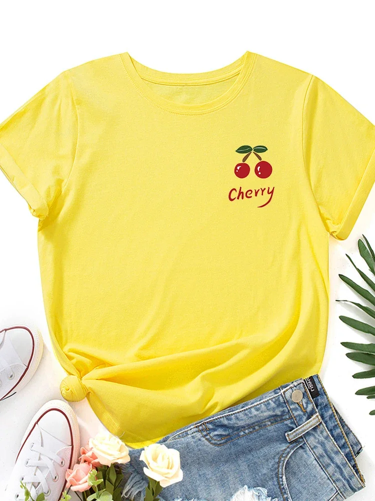 가슴에 레드 체리 프린트 여성 T 셔츠 반팔 O 넥 느슨한 여성 Tshirt Ladies Tee Shirt Tops Camisetas Mujer