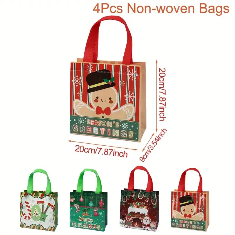 4pcs Festive Christmas Tote Bags with Red & Green Holiday Design - Reusable Non-Woven Gift Bags for Groceries, Party Favors