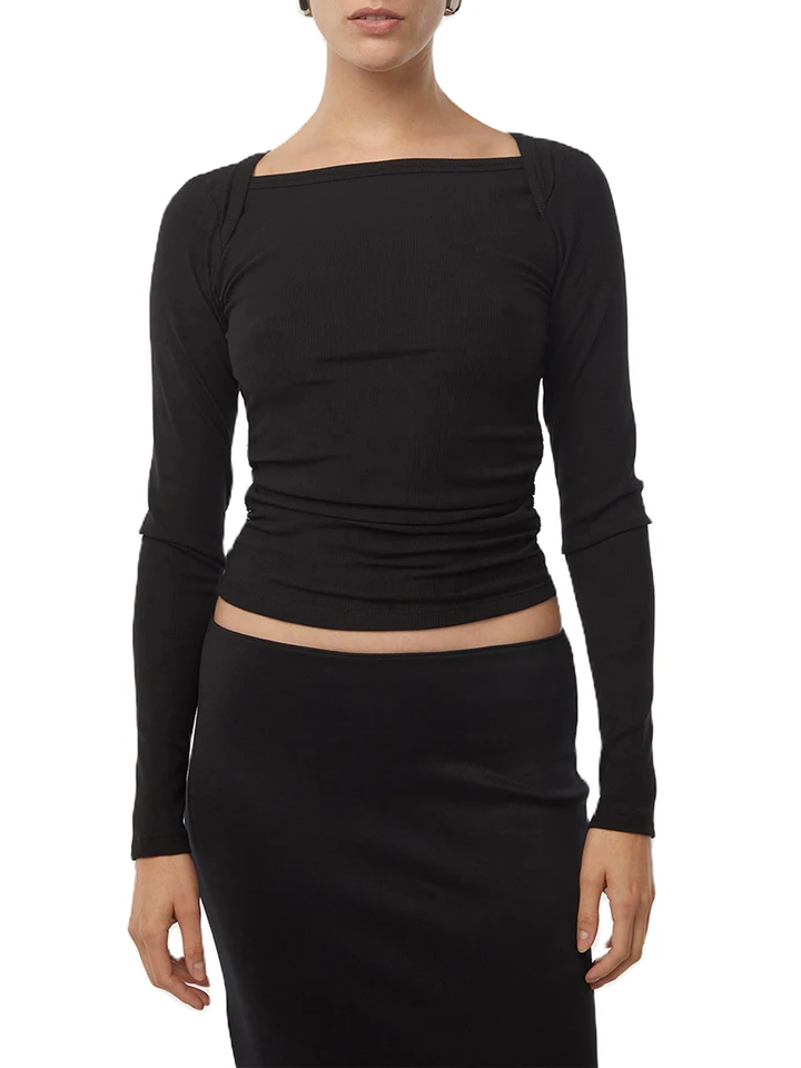 Women Long Sleeve Boat Neck Crop Top