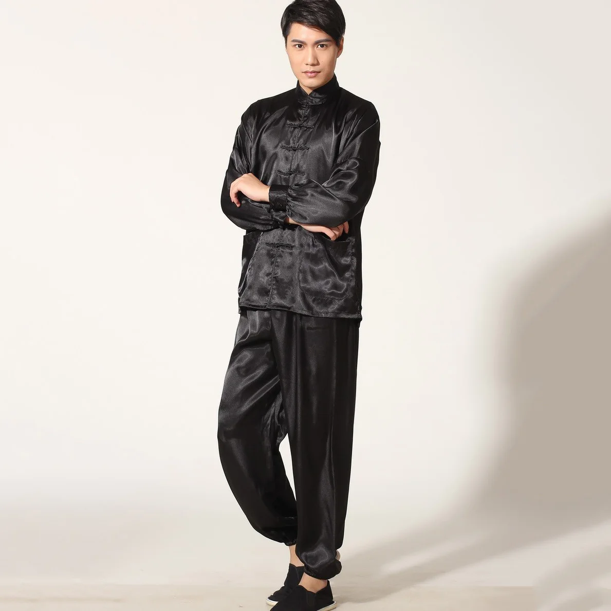Gold Chinese Men's Satin Rayon Kung Fu Suit Vintage Tai Chi Sets Wu Shu Uniform Long Sleeve Clothing S M L XL XXL MS019 tai chi clothing chinese traditional costume chinese men hanfu top