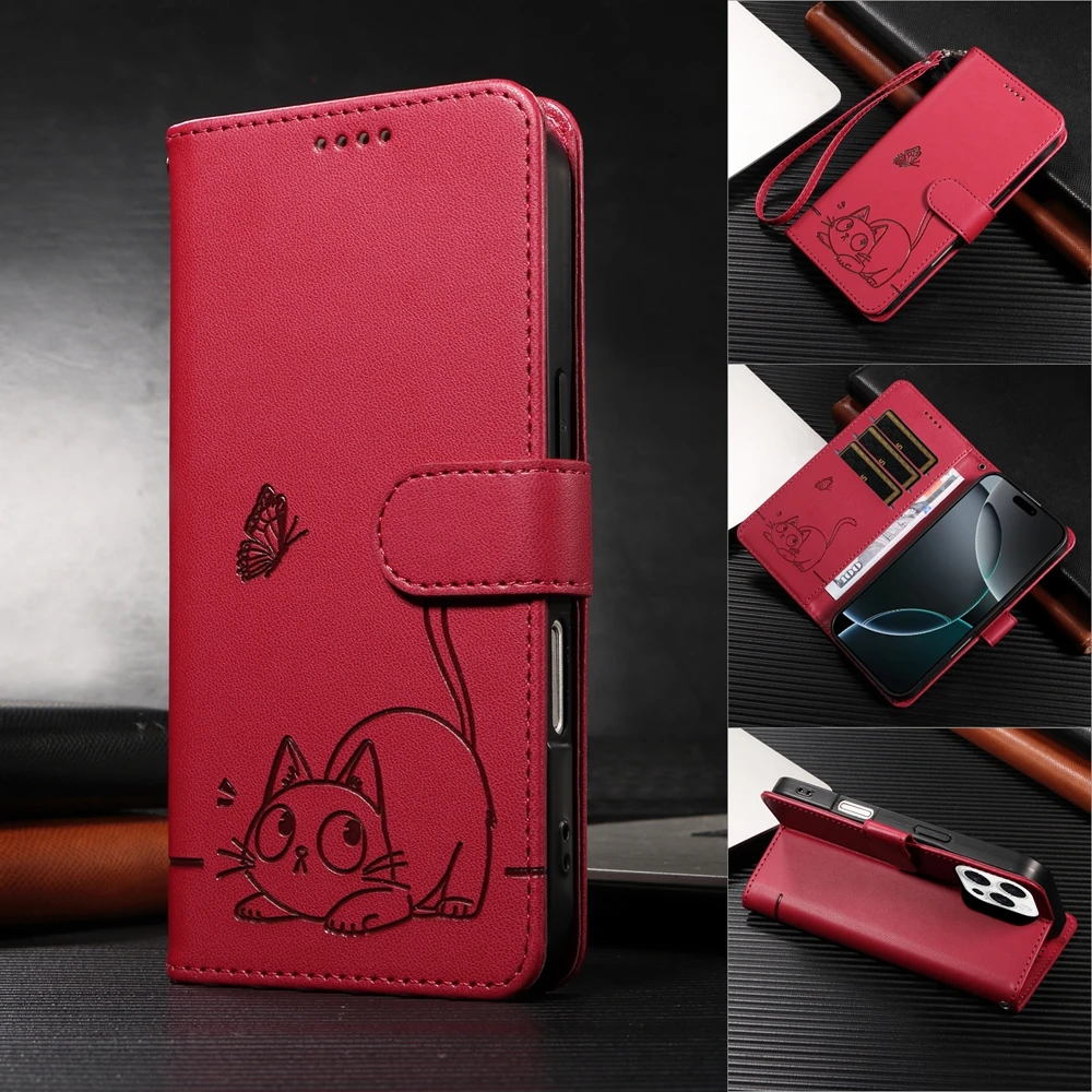 Premium Magnetic Leather Wallet Case with Cat and Butterfly Embossed Design
