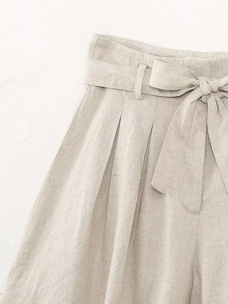 Jenny&Dave Belted Ladies Loose Bermuda Women French Country Linen Beige Lounge Shorts