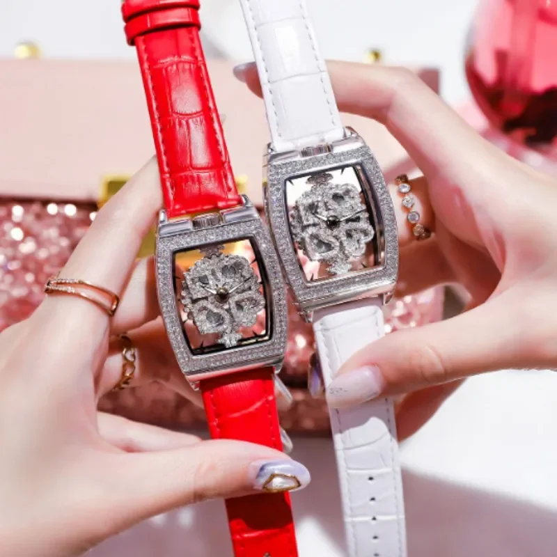 Luxury Women Watches Barrel Shape Hollowed Out Diamond Dial Good Fortune Befell for Women Quartz Watch Fashion Leather Strap