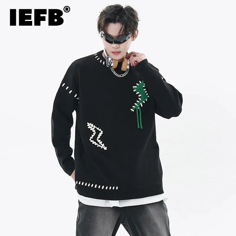 

IEFB Lightning Embroidery Male Pullover Sweater Tassel Contrast Color Chic Men's Knitting Pullovers New Trendy Knits Top CPG0979