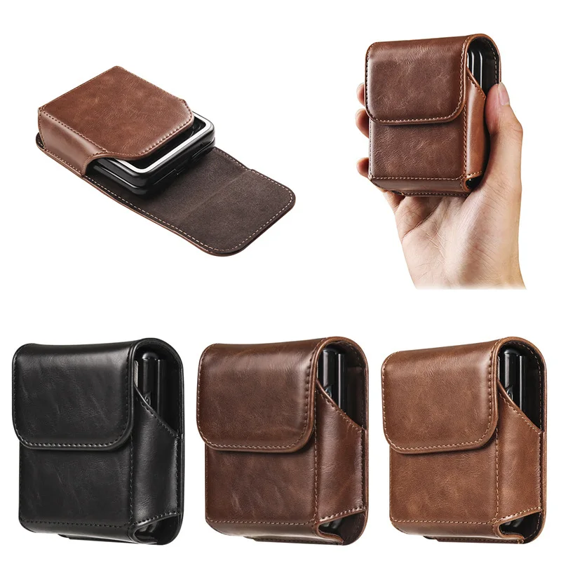 

Genuine Leather Phone Bag Universal For Moto Razr 40 Ultar Samsung Z Flip5 Flip4 Huawei P50 Pocket Belt Clip Holster Waist Cover
