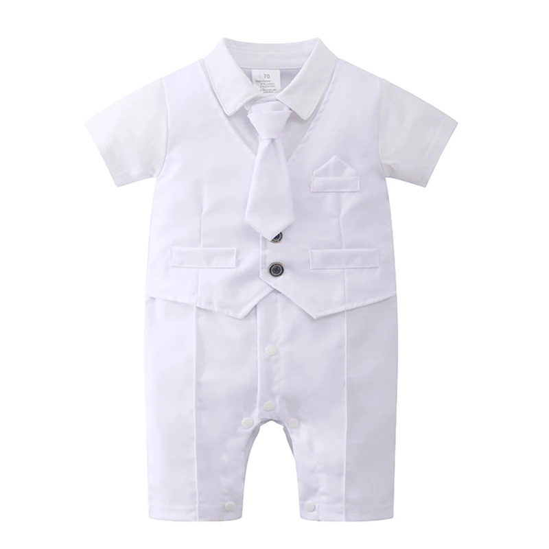 

Костюм Джентльмена для мальчиков 3-24 месяцев, официальный костюм для новорожденных, белый костюм-комбинезон, галстук, платье на день рождения