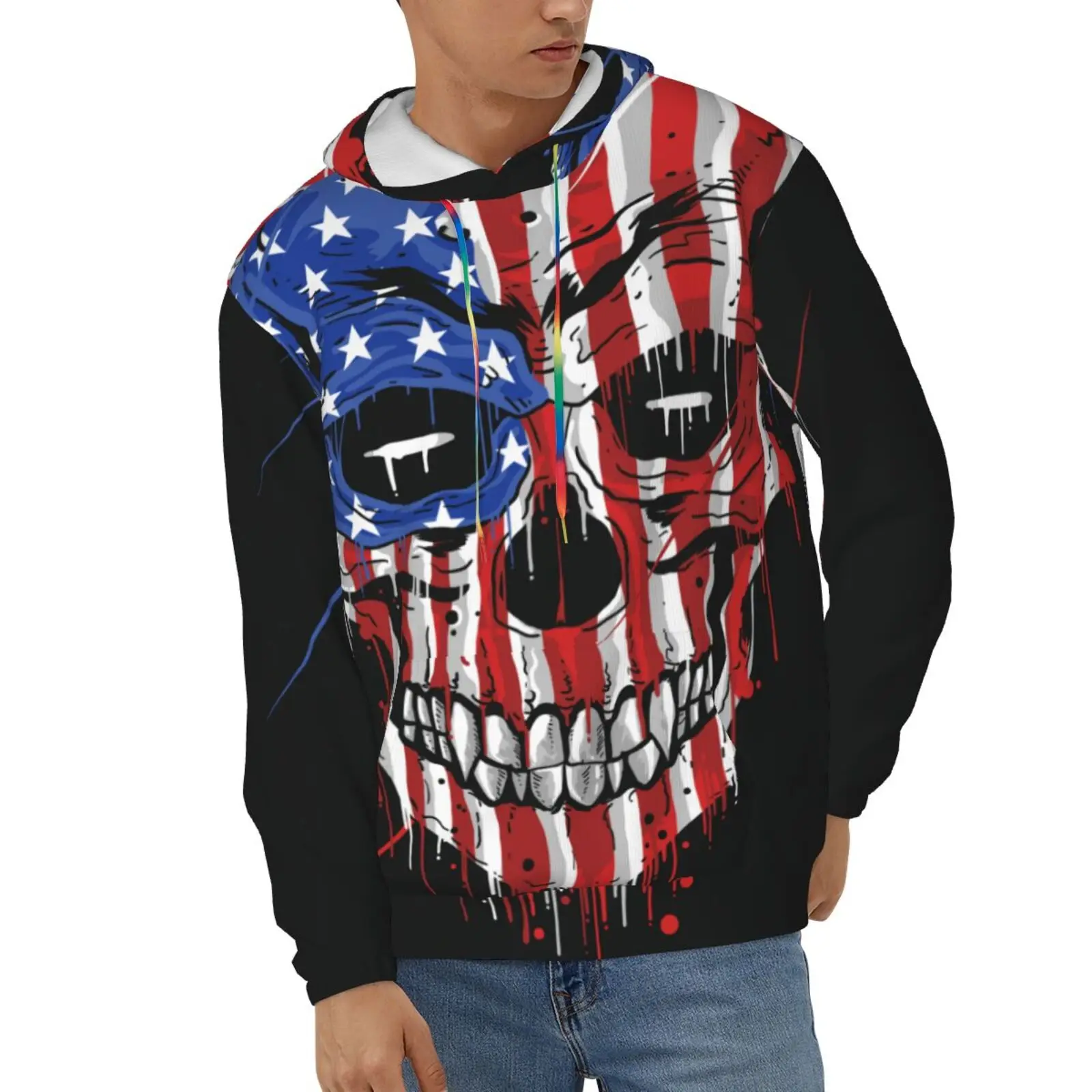 

Wansici Hoodie Long Sleeve SKULL HEAD AMERICA FLAG. Pullover Casual Sweatshirt