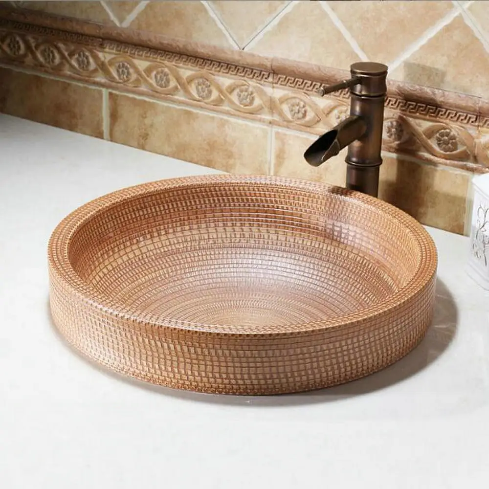 MAEBOW Popular Log Color Engraved Ceramic Semi-Counter Wash Basin Home Decor Renovation Round Restroom Countertop Bathroom Sink 6