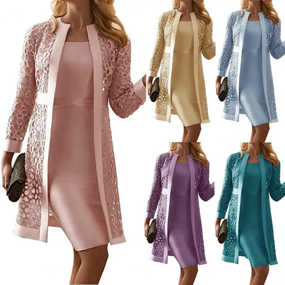 

2Pcs/Set Women Sheath Dress High Waist Hollow Out Breathable Spring/Autumn Temperament Bodycon Dress Cardigan Set For Banquet