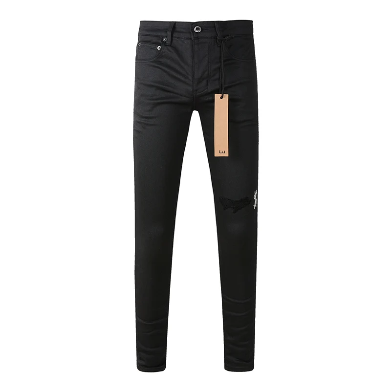 Men's button fly black distressed American fashion style high streetwear skinny ripped holes jeans