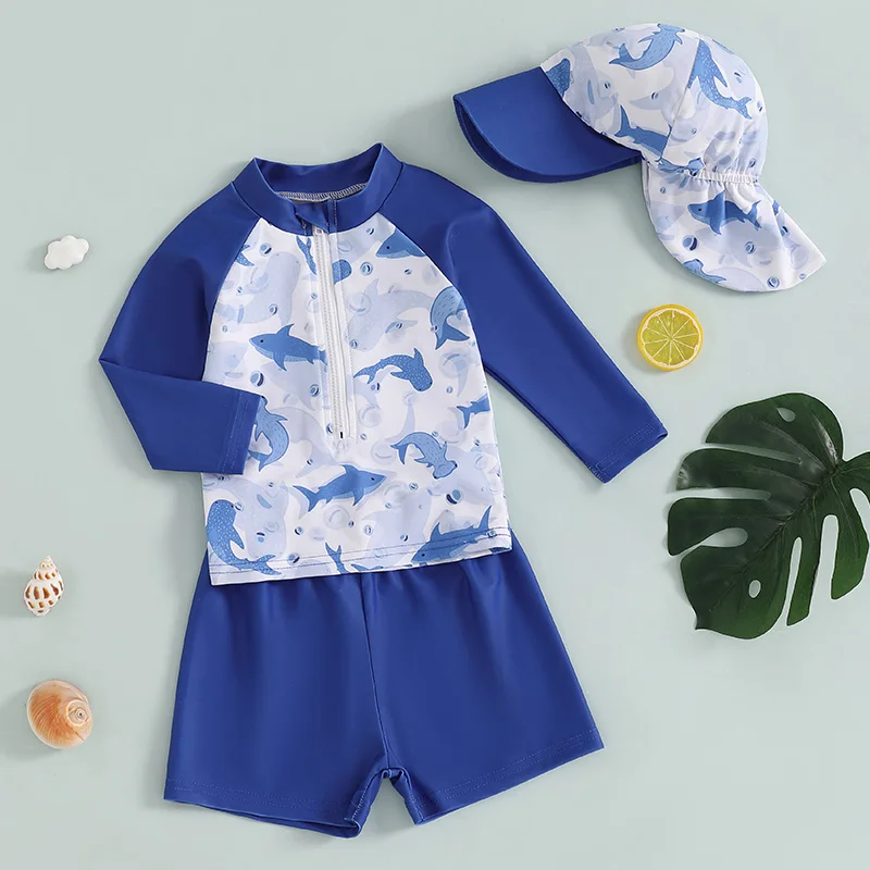 Baby Boys Two-Piece Swimwear Set with UV Protection Rash Guard Top Swim Shorts and Sun Hat in Cute Animal Print 3