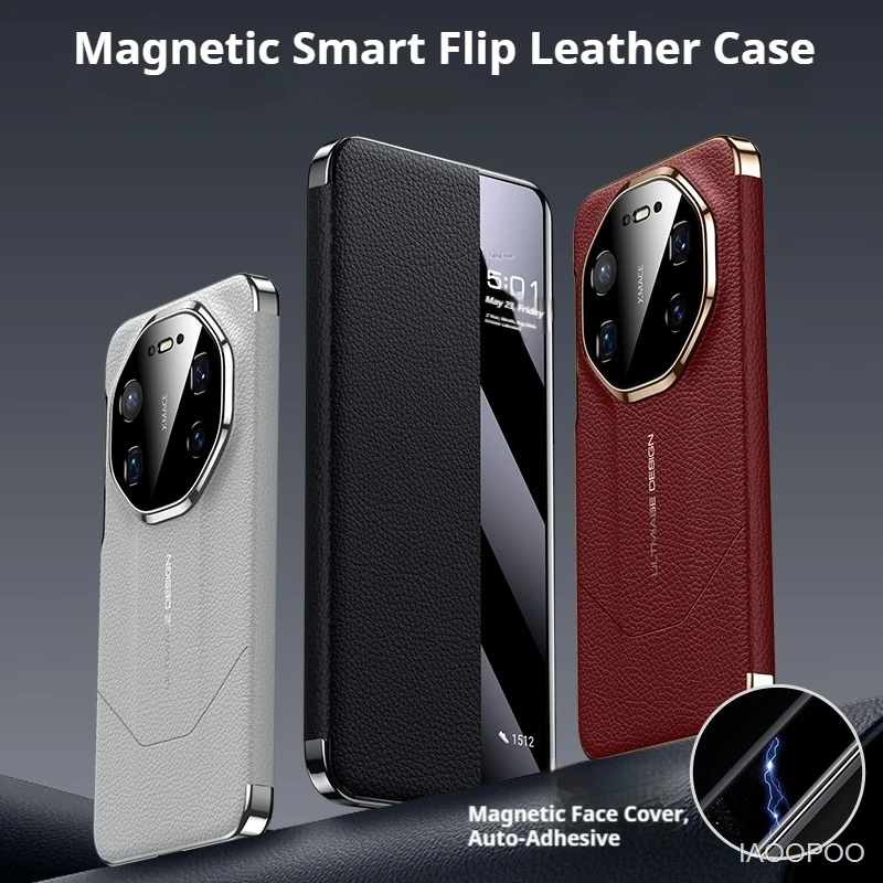 화웨이 메이트 80 프로 맥스 메이트 70 60 프로 플러스 RS용 마그네틱 클로즈 천연 가죽 플립 커버 케이스 스마트 웨이크 슬립 콜 아이디