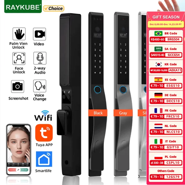 RAYKUBE DQ10 Tuya WiFi ปาล์ม Vein กันน้ําสมาร์ทล็อค 3D Face Recognition ลายนิ้วมือดิจิตอลล็อค APP Video Call ปลดล็อค 1