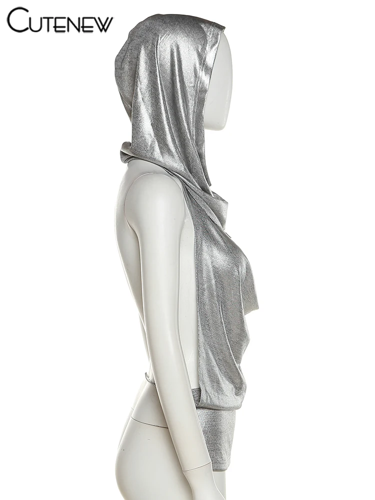 Sexy Chain Backless Tank Top Suit Women Halter Low Swinging Collar Indie Folk Silver-sequins Vest with Scarf High Street