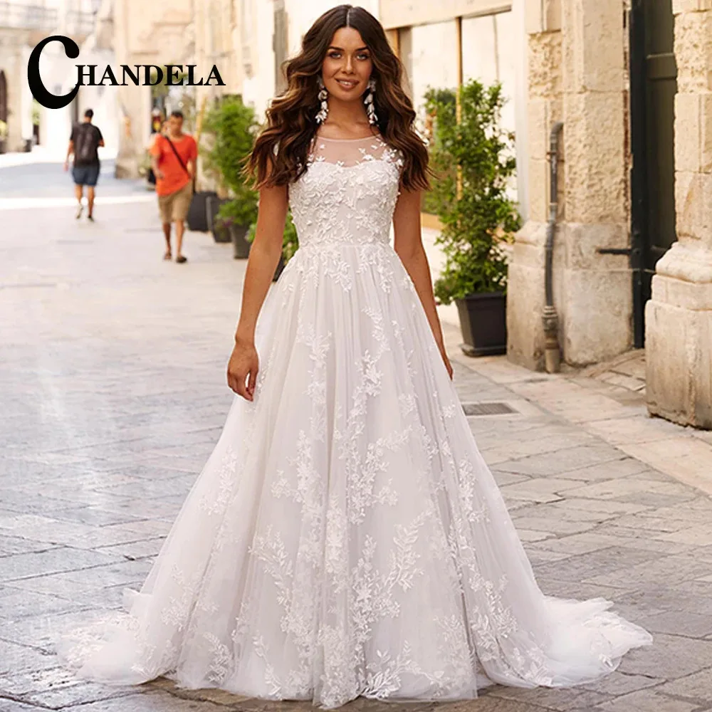 

CHANDELA Elegant A Line Wedding Dresses Scoop Cap Sleeves Appliques Lace Tulle Court Train Custom Made Vestido De Casamento