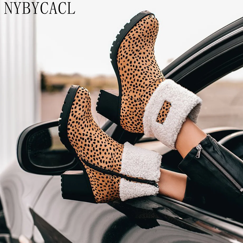 Round Toe Booties Winter Women Leopard Ankle Boots Lace Up Footwear Platform High Heels Wedges Shoes Woman Bota Feminina New 43