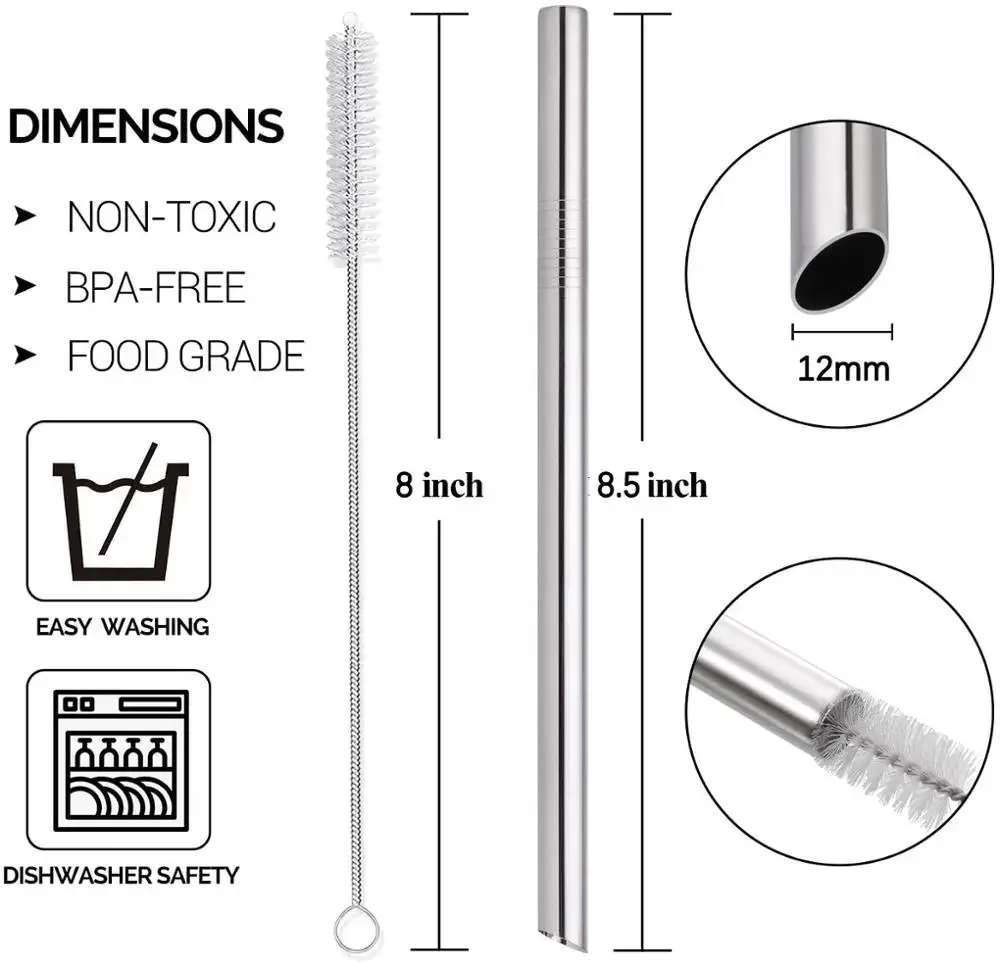 Angled Tips 8 Pieces Reusable Boba Straws and Smoothie Straws, Extra Wide Great for Bubble Tea, Boba Pearls, and Thick Drinks with 2 Cleaning