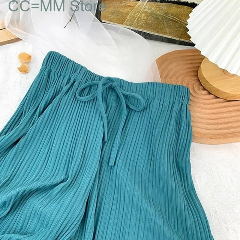 New Drawstring Stripe Wide Leg Pants Women Summer Ankle Length Bottom Elastic High Waist Knitted Folds Casual Pants