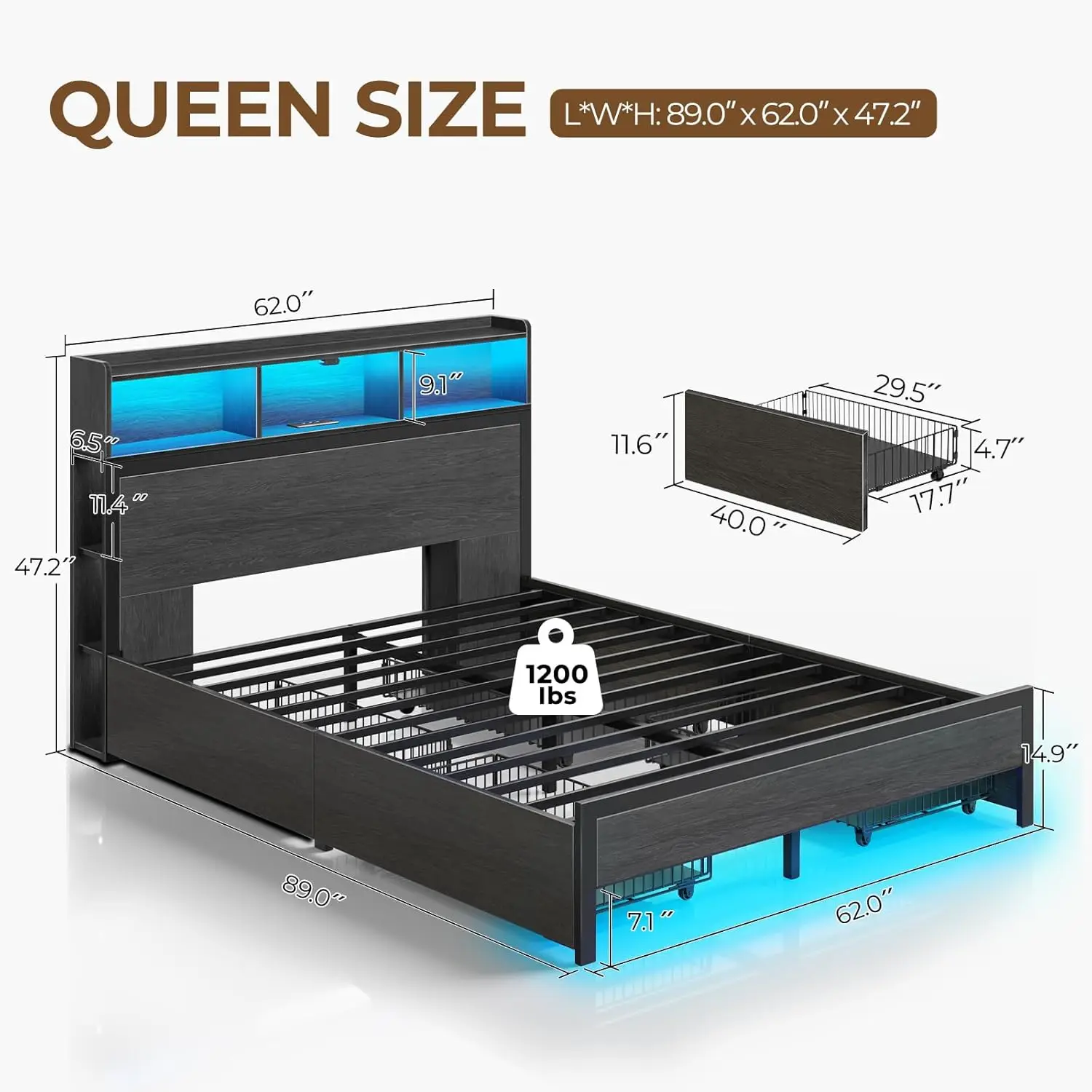 Bed Frame with Storage Headboard, Metal Platform Charging Station, LED 4 Drawers, Bookcase Storage, No Box Sprin 3