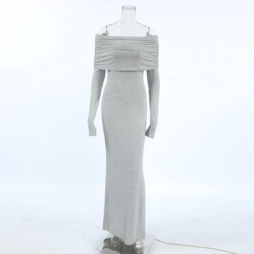 Fashion Autumn Knit Long Dress Women's Off-Shoulder Patchwork Ribbed High Waist Slim Ladies Dress Knitwear Elegant Dress