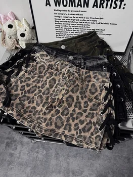 Outlet Leopard Print Rope Bound Denim  Skirt Retro Sexy Bodycon A-Line Short Skirt Casual High Waist Summer Dress