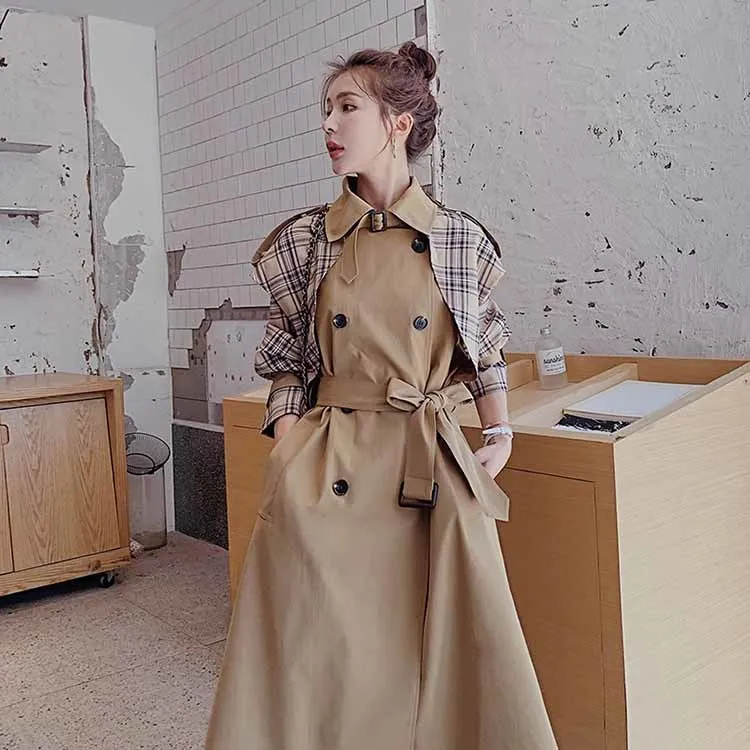 Spring Autumn British UK Style Women Trench Coat Long  Loose Vintage Over The Knee Female Windbreaker Plaid Stitching Overcoat black puffer coat