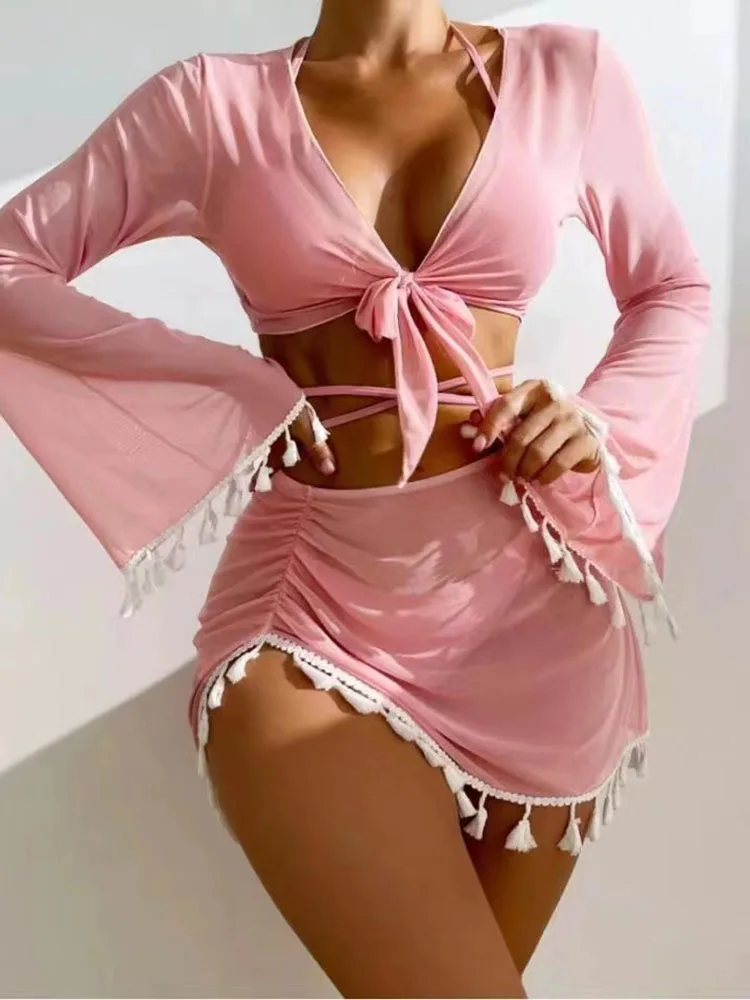 

Swimsuit Woman 2023 New Solid Color Tassel Cover Ups Skirt Bikini Four Piece Set Beach Female Clothing Summer Bathing Suit