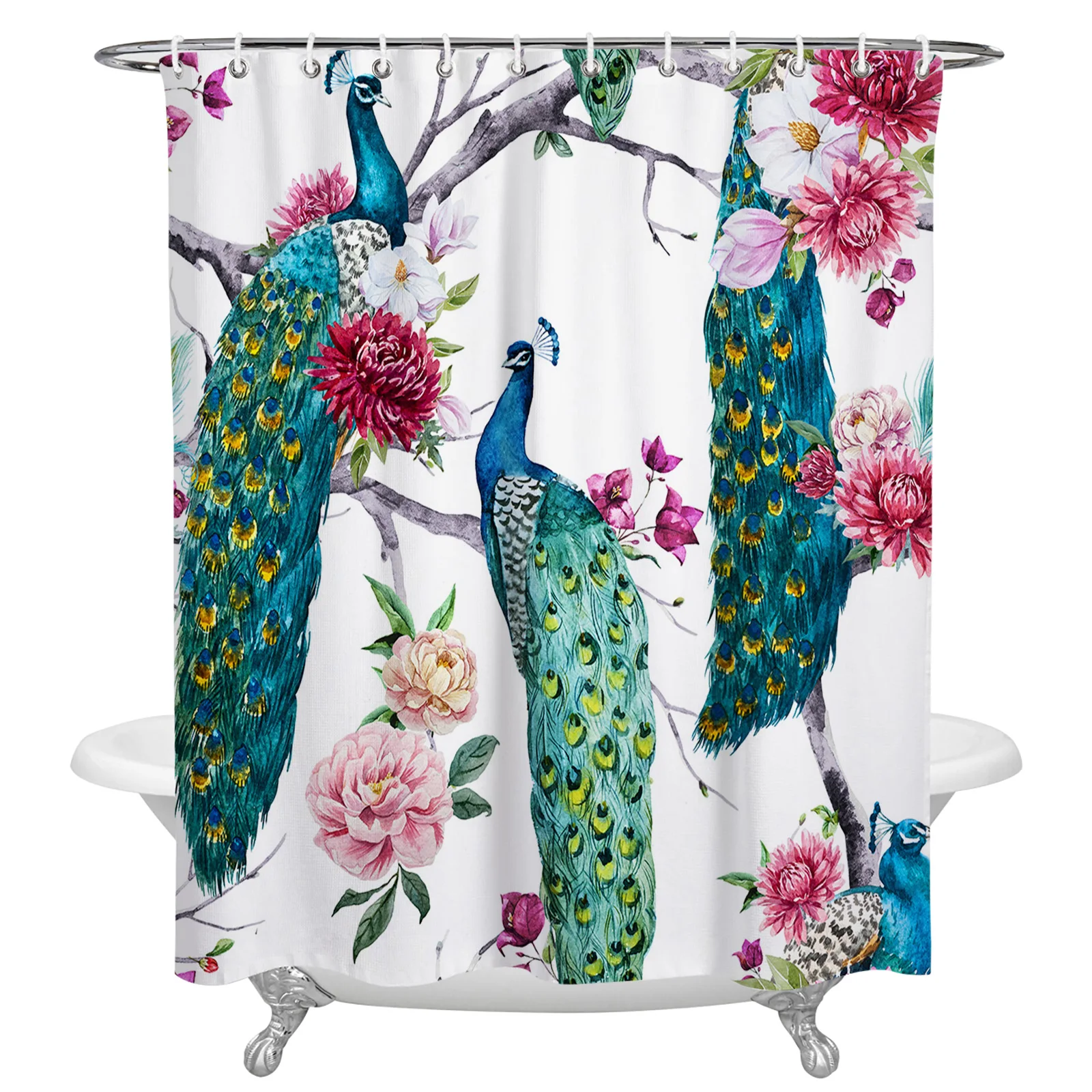 

Green Peacock Red Pink Flower Branch White Waterproof Shower Curtain Bathroom Polyester Shower Curtains Bath Decor Curtain