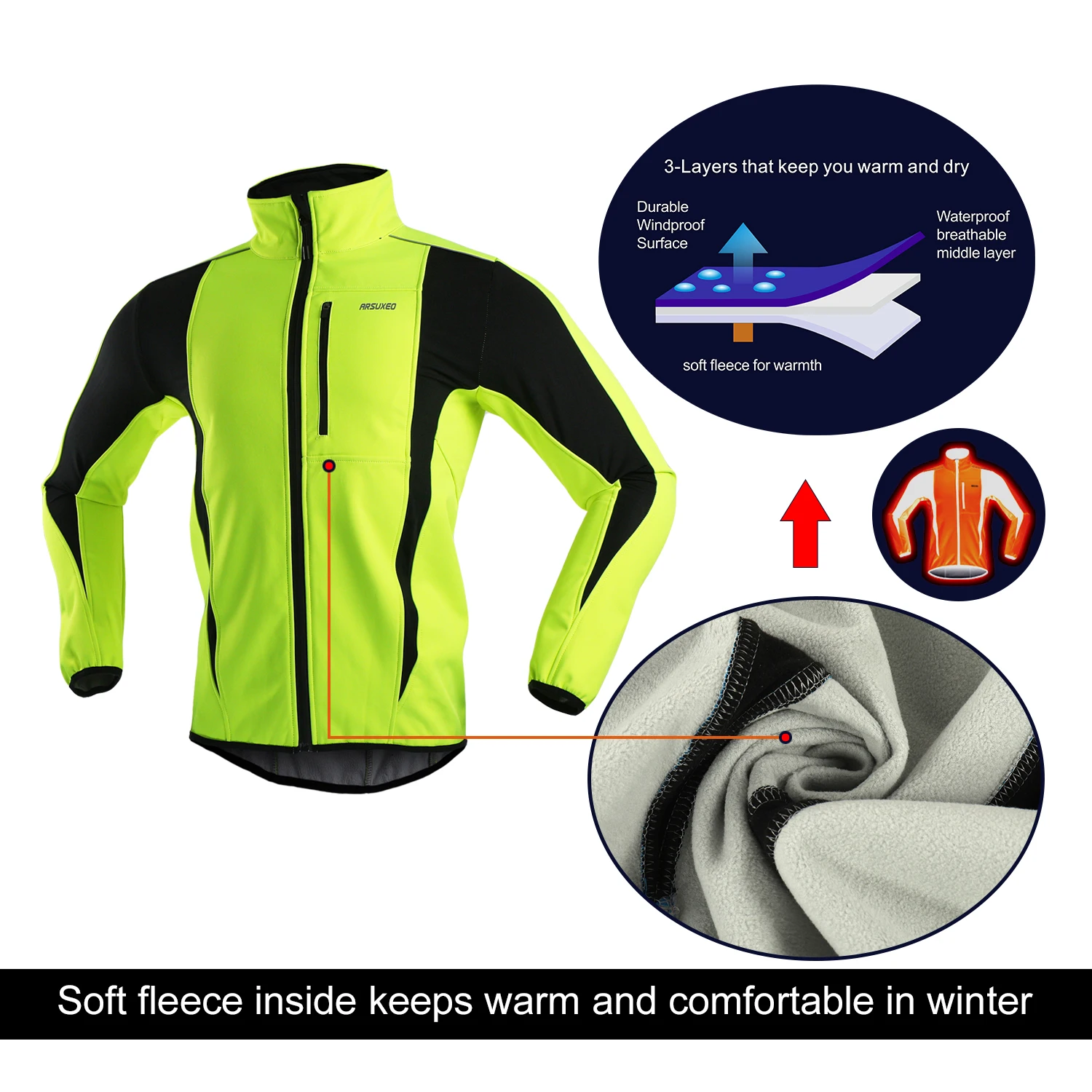 ARSUXEO Men's Windproof Waterproof Fleece Cycling Jacket