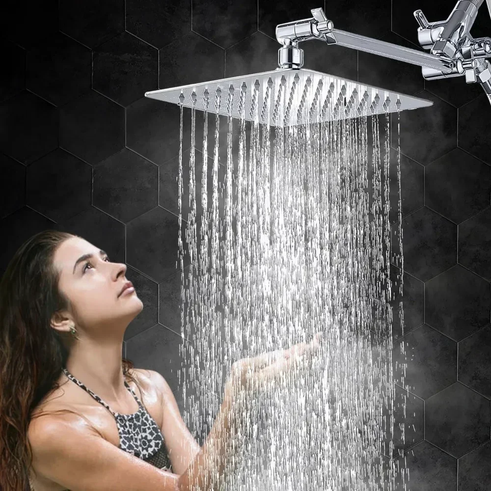All Metal 8" Dual Square Shower Head Combo Rain Shower Head Handheld Wand Adjustable Smooth 3-Way Diverter Chrome shower head,shower diverter valve