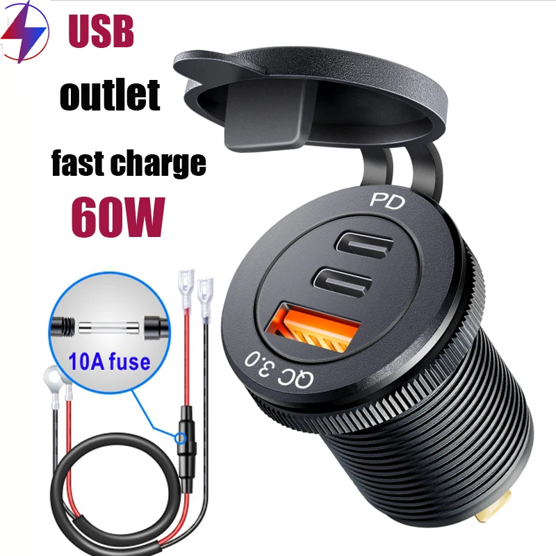 

Usb built-in car 60W PD Type C/QC 3.0 USB Charger Power adapter Outlet Fast Charging for 12V 24V Car Truck Motorcycle RV