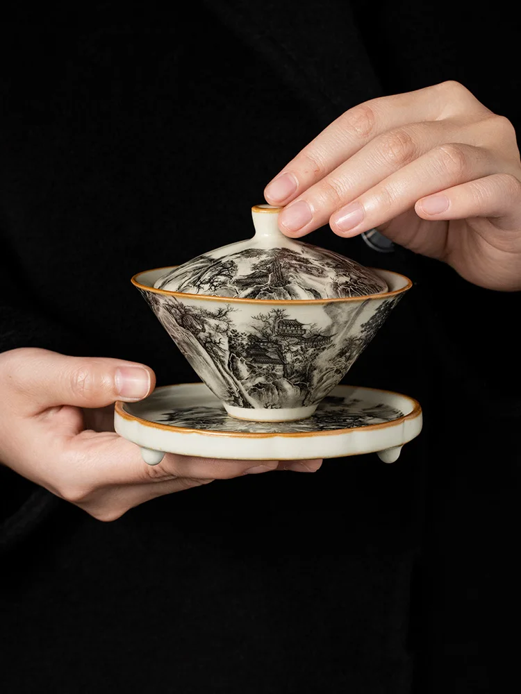 130ML Ru Kiln Landscape Porcelain Gaiwan Set For Tea Tureen Teaware Cup Chinese Yellow Ceramic Opening Tea Bowls Ceremony