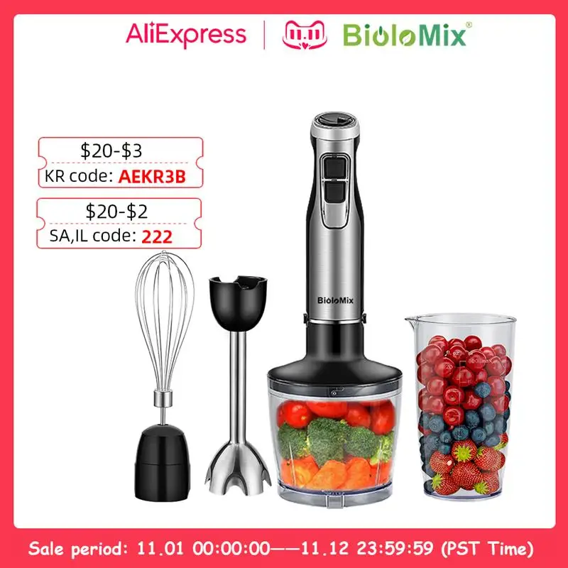 Top BioloMix 4 in 1 High Power 1200W Immersion Hand Stick Blender Mixer Includes Chopper and Smoothie Cup Stainless Steel Ice